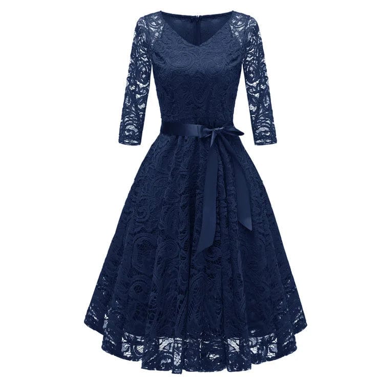 M / NAVY 2024 Spring Festival women's lace long sleeve V-neck dress Women's sexy lace hollow dress Party Dress