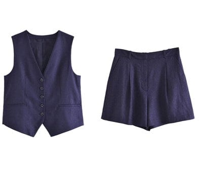 M / Navy blue New Women'S V-Neck Single-Breasted Sleeveless Vest Top Pleated Casual Shorts Set