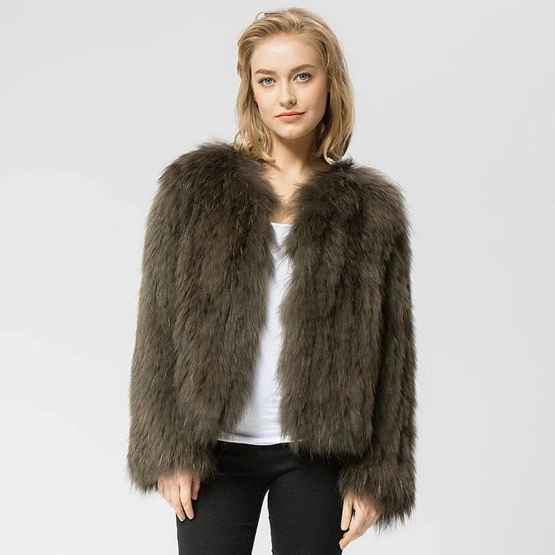 M / olive green Pudi CR035 knit knitted Real raccoon fur coat jacket overcoat high quality women'sr warm genuine fur coat