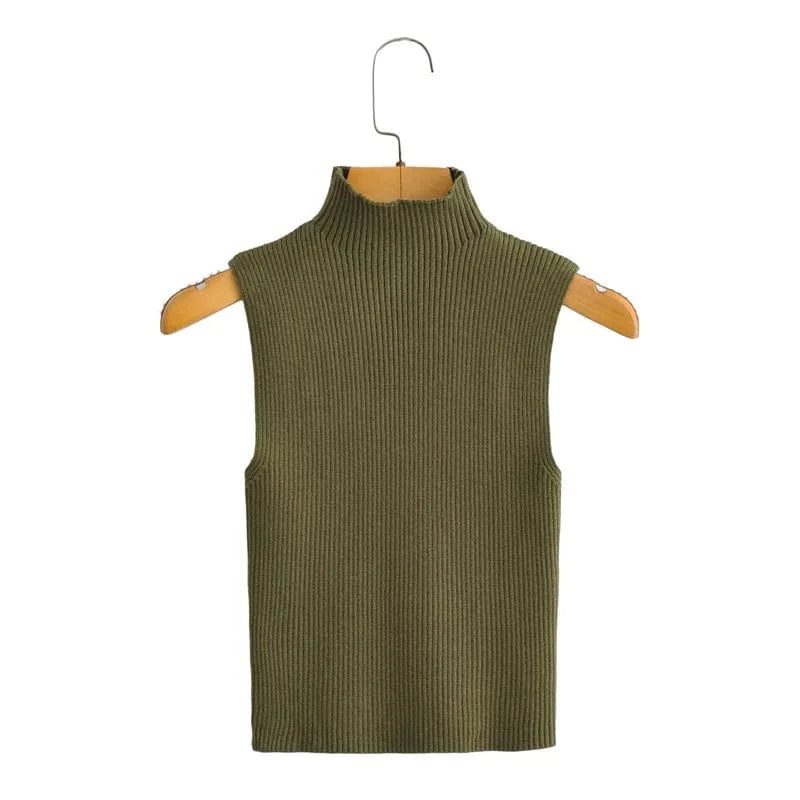 M / Olive INS Hot Sell knitted turtle neck sleeveless tank top
