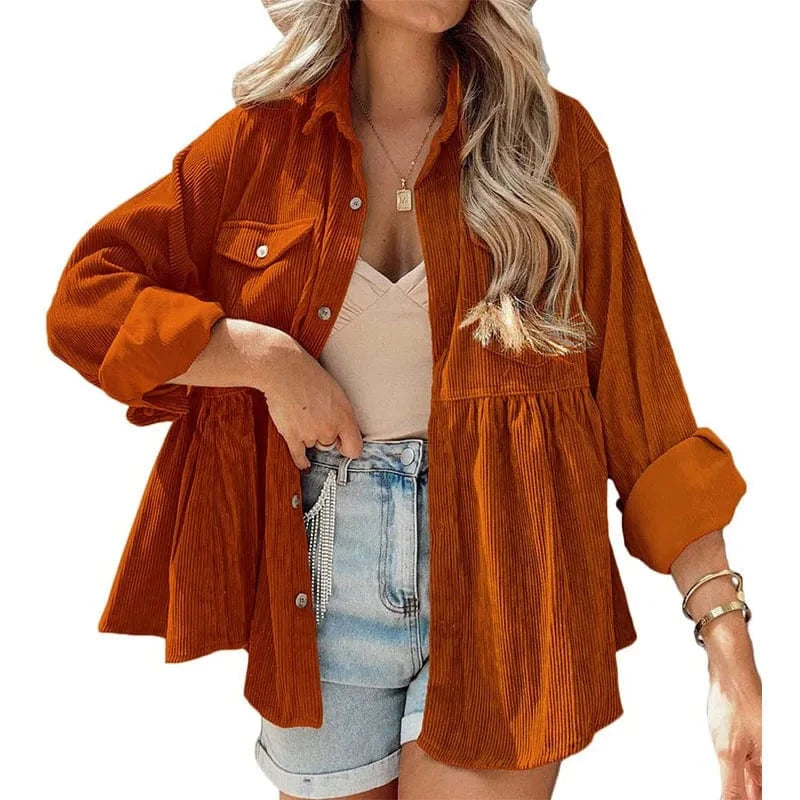 M / Orange 2023 New European and American Cross-border Women's long-sleeved Corduroy ruffled shirt Top buckle shirt For women
