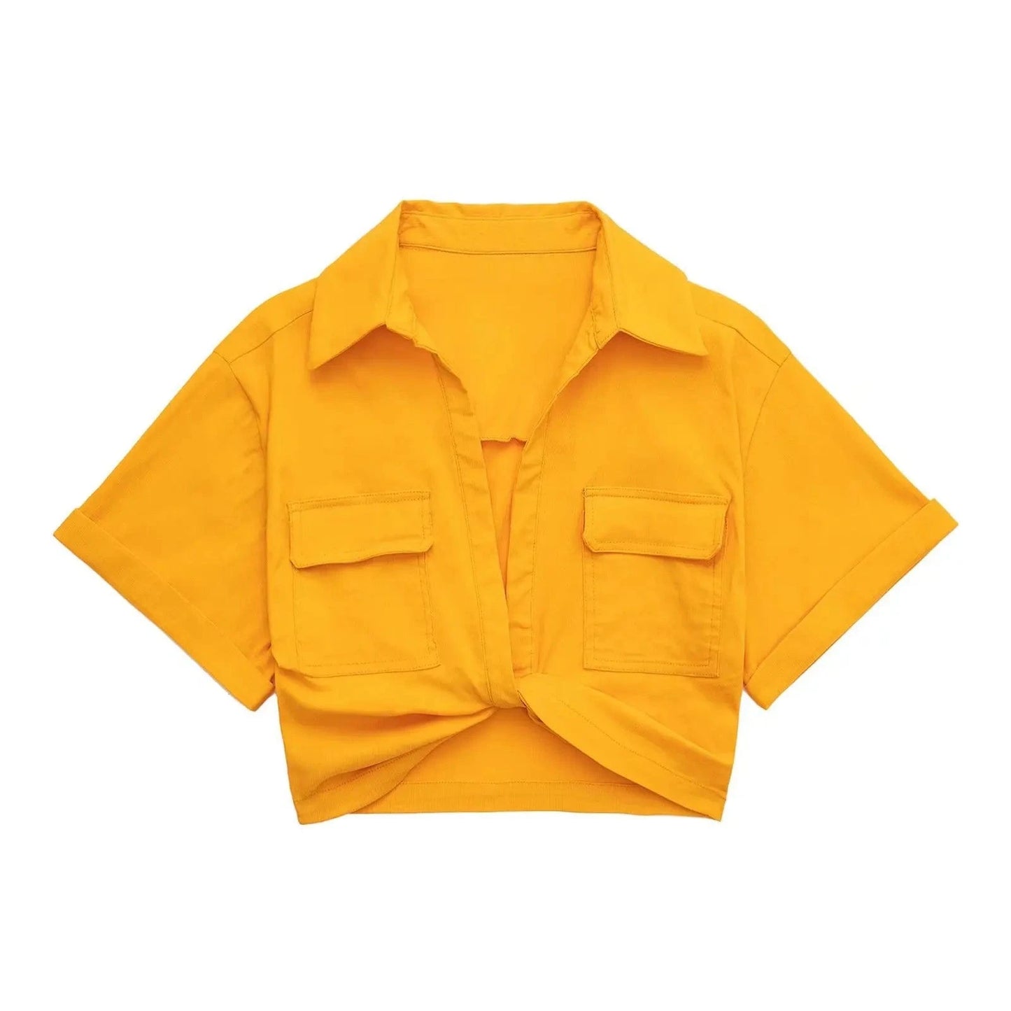 M / Orange Available New Casual High Stretch Short Sleeve Shirts Vintage Cute Crop Top Women Blouses with Front Twist Knot