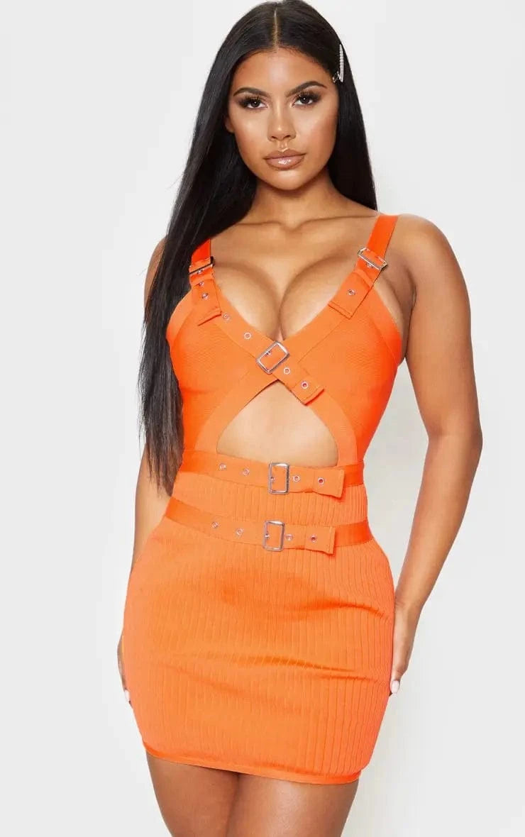 M / Orange BA2365 New Bandage Dress Summer V Neck Hollow Out Sexy Bodycon Vestidos Culb Party Fashion Wrap Hip Evening Dresses For Woman