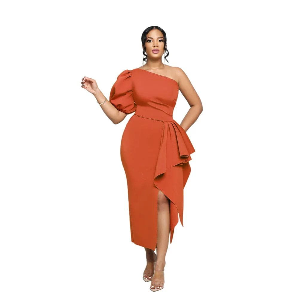 M / Orange Fashion  One Shoulder  Bubble  Sleeve Slim-Fit  Women's Dress