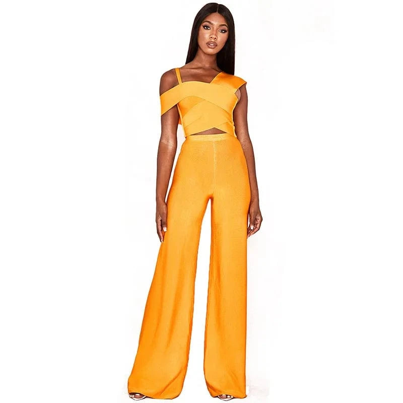 M / Orange Hot sale Ladies blouse and wide leg suit bandage two piece set