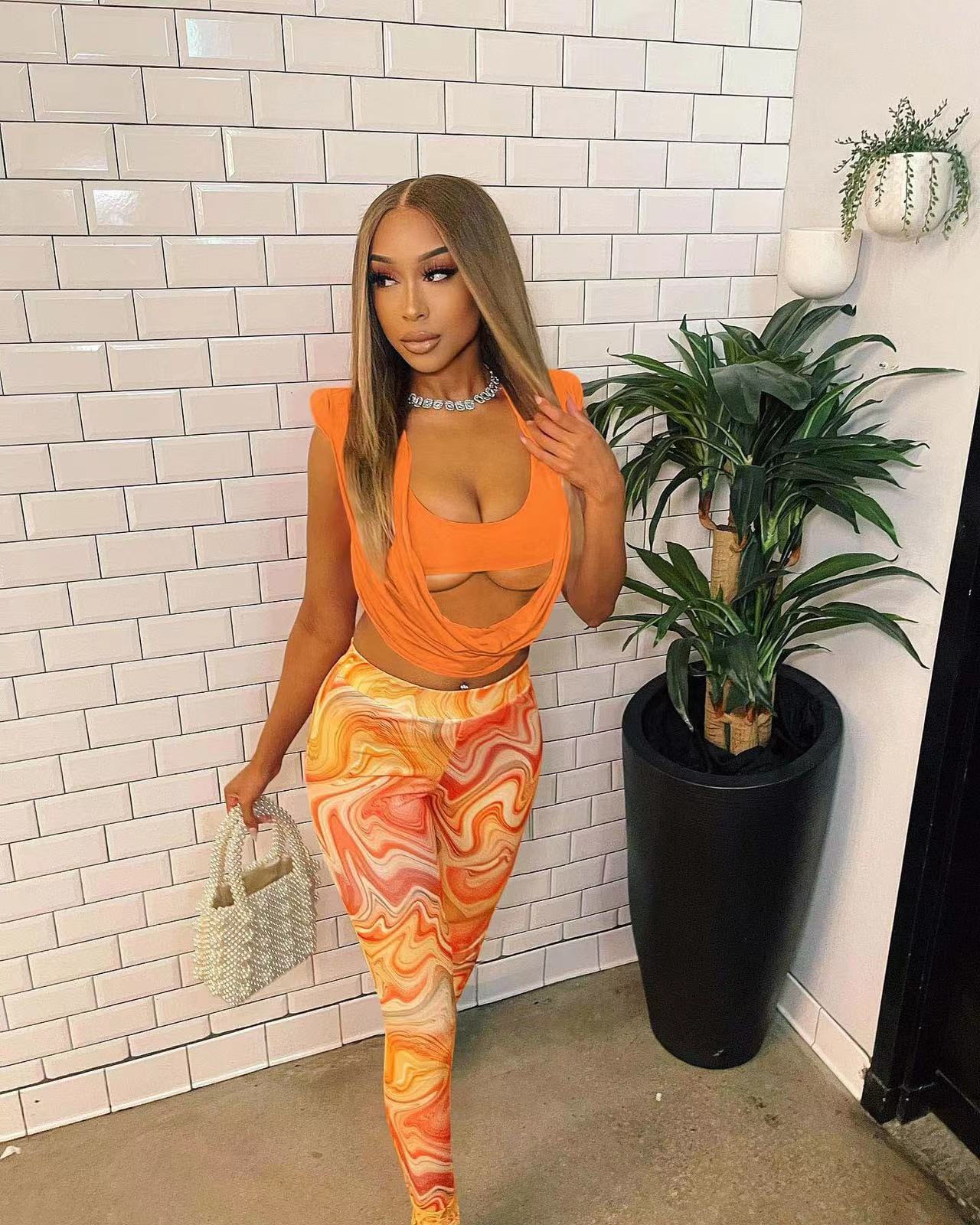 M / Orange J&H 2023 new arrivals hot sale printed leggings women sexy blouse crop top two piece pants set chic club outfits