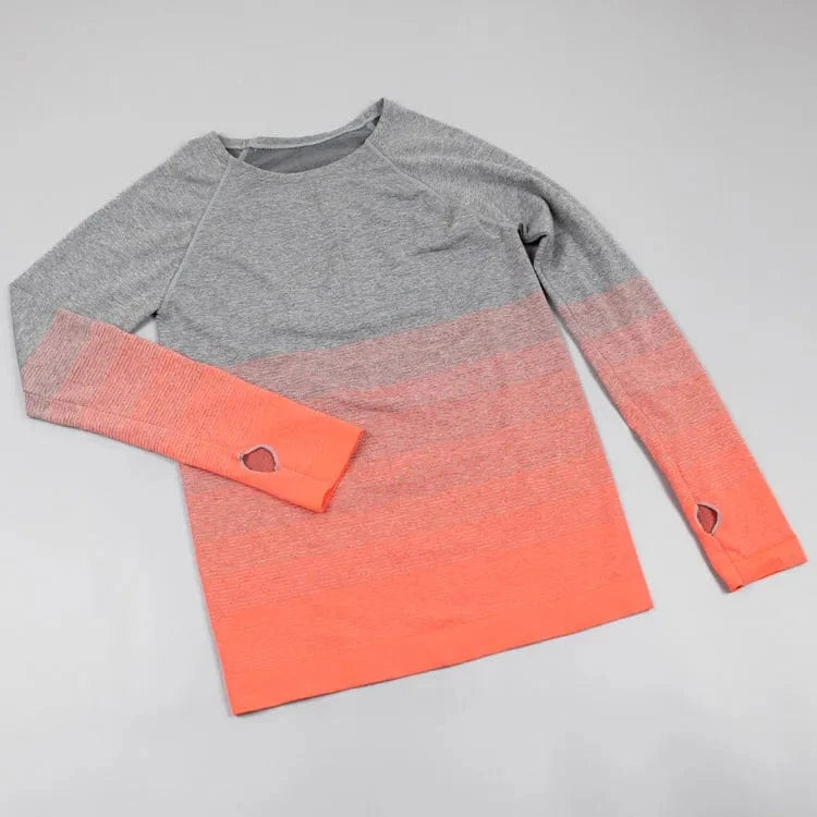 M / Orange Large Size Yoga Wear Round Neck Seamless Sports Fitness Shirt Gradient Long Sleeves Running T-shirts For Womens
