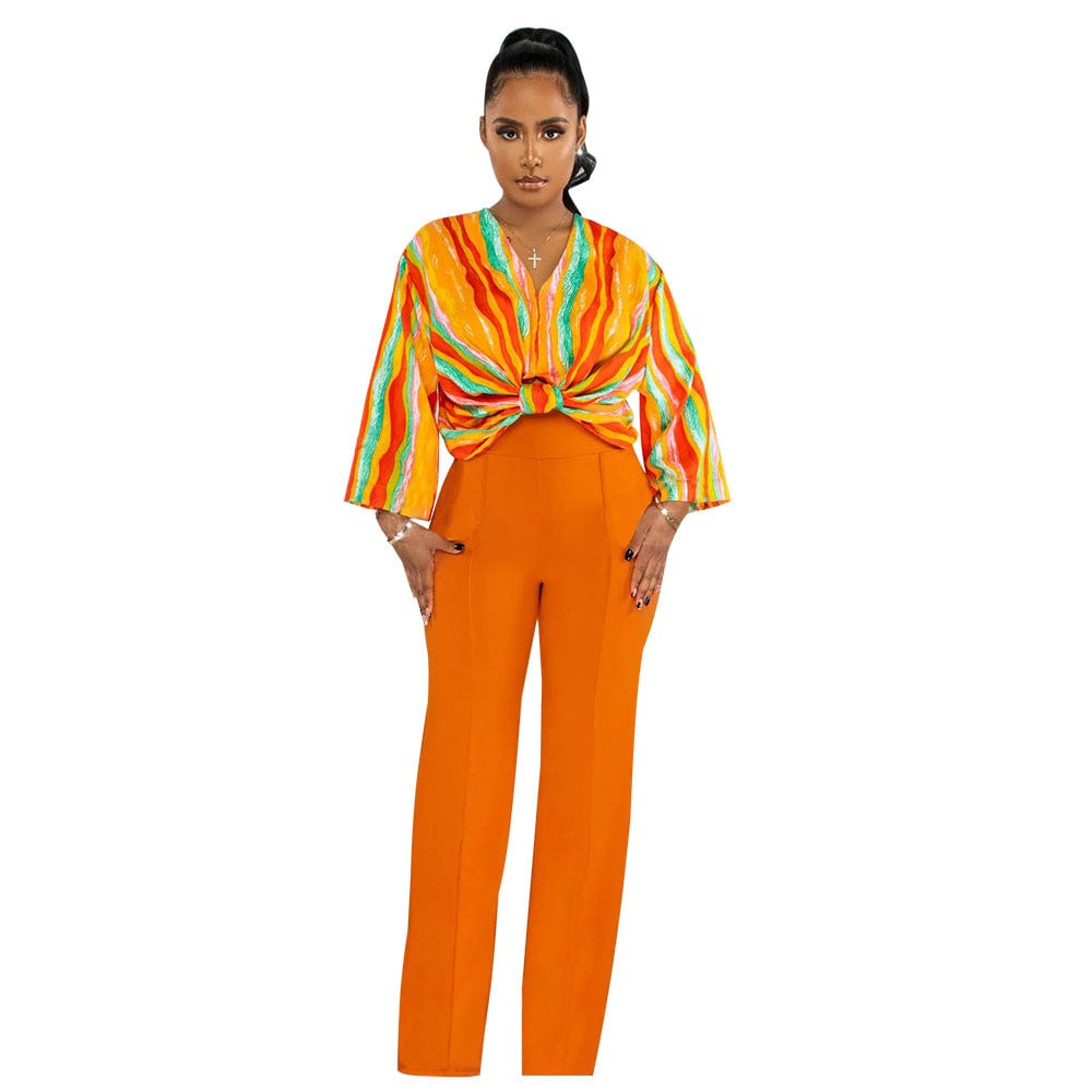 M / Orange New women's suit V-neck printed top solid color straight trouser suit summer