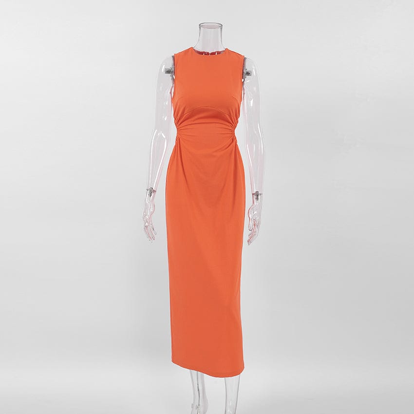 M / Orange OOTN Women Cotton Linen Pencil Dresses 2023 Summer Sleeveless Hollow Out Dresses Elegant High Waist O Neck Long other dresses