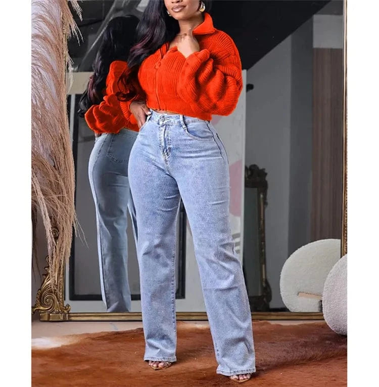 M / Orange red Female Lotus Lantern Long Sleeves Cardigans Zip Up Sweaters Knit Coats Woman