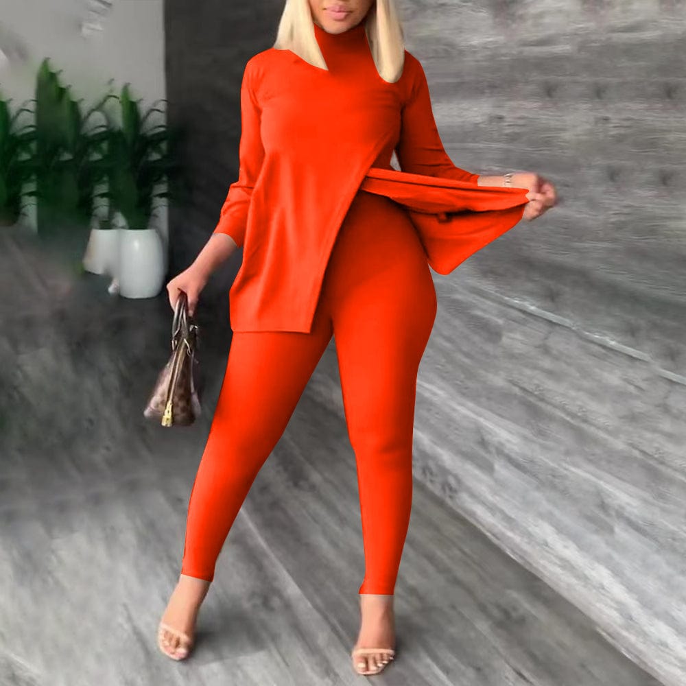 M / Orange red Trendy Women Clothes Casual Daily Solid Slit Turtleneck Long Sleeve Two Pieces Matching Sets