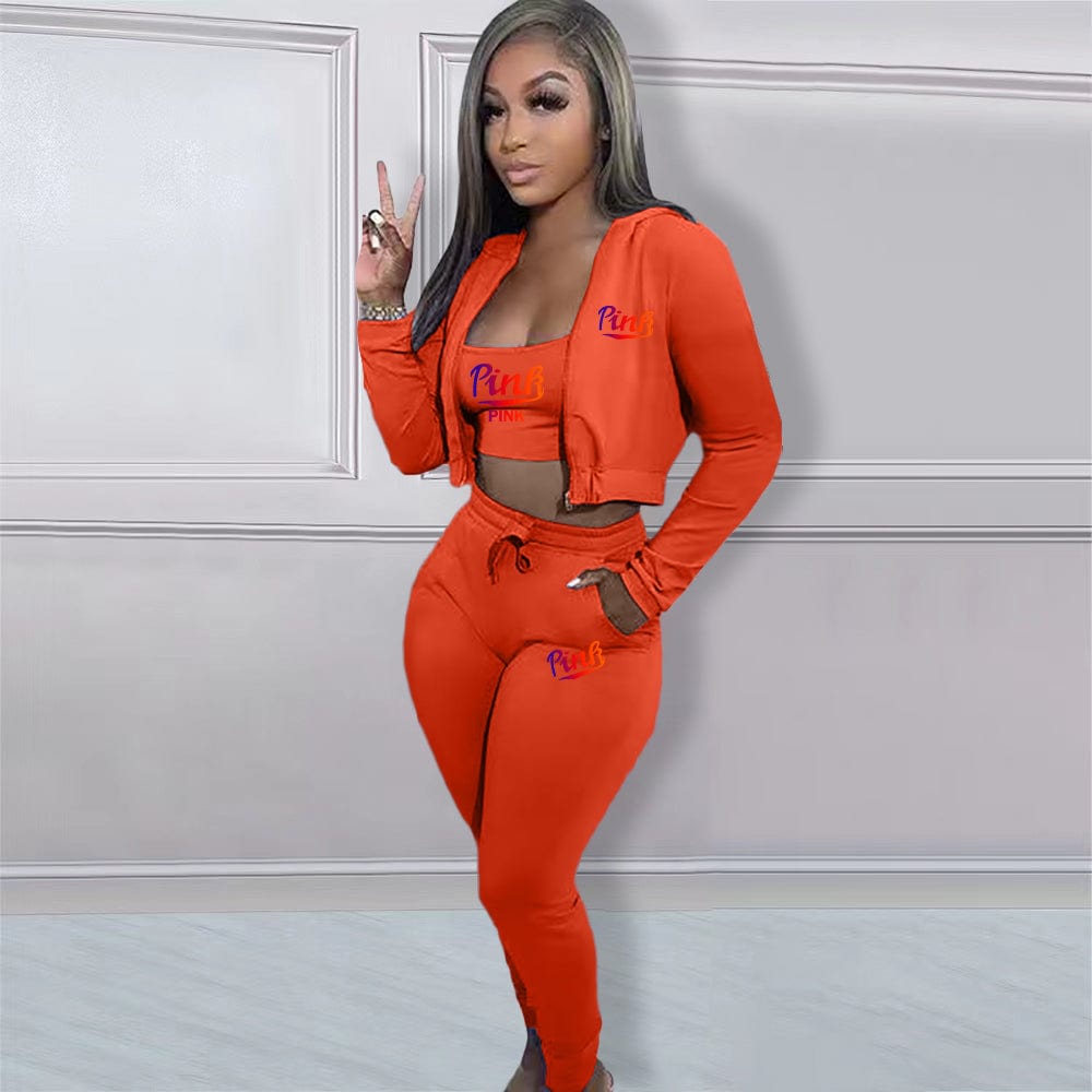 M / Orange Trendy Women Clothes Casual Print Gradient Patchwork Sweatsuit Hooded Collar Long Sleeve Three Pieces