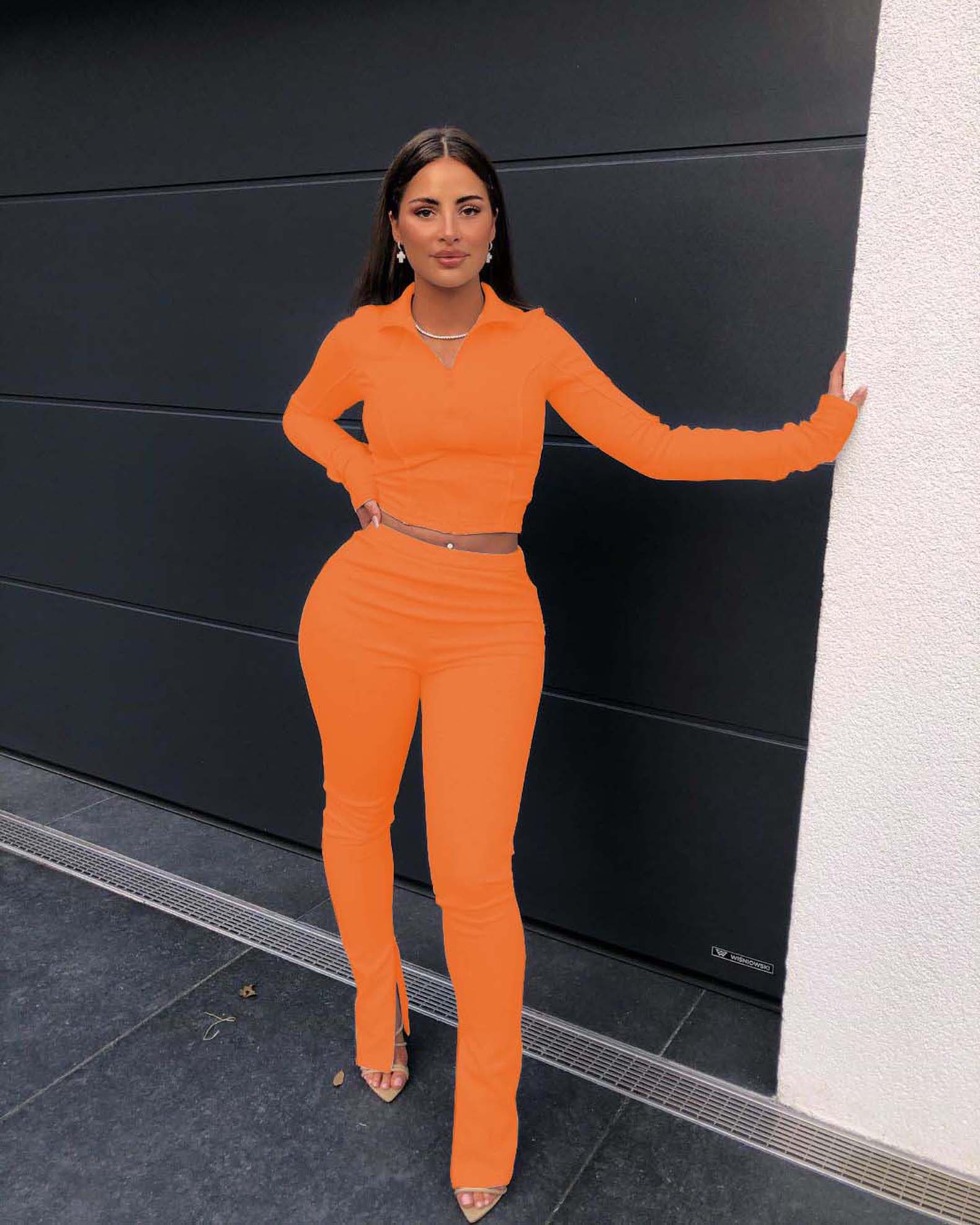 M / Orange Trendy Women Clothes Fashionable Casual Turn down Neck Zip Up Top & Slits Trousers