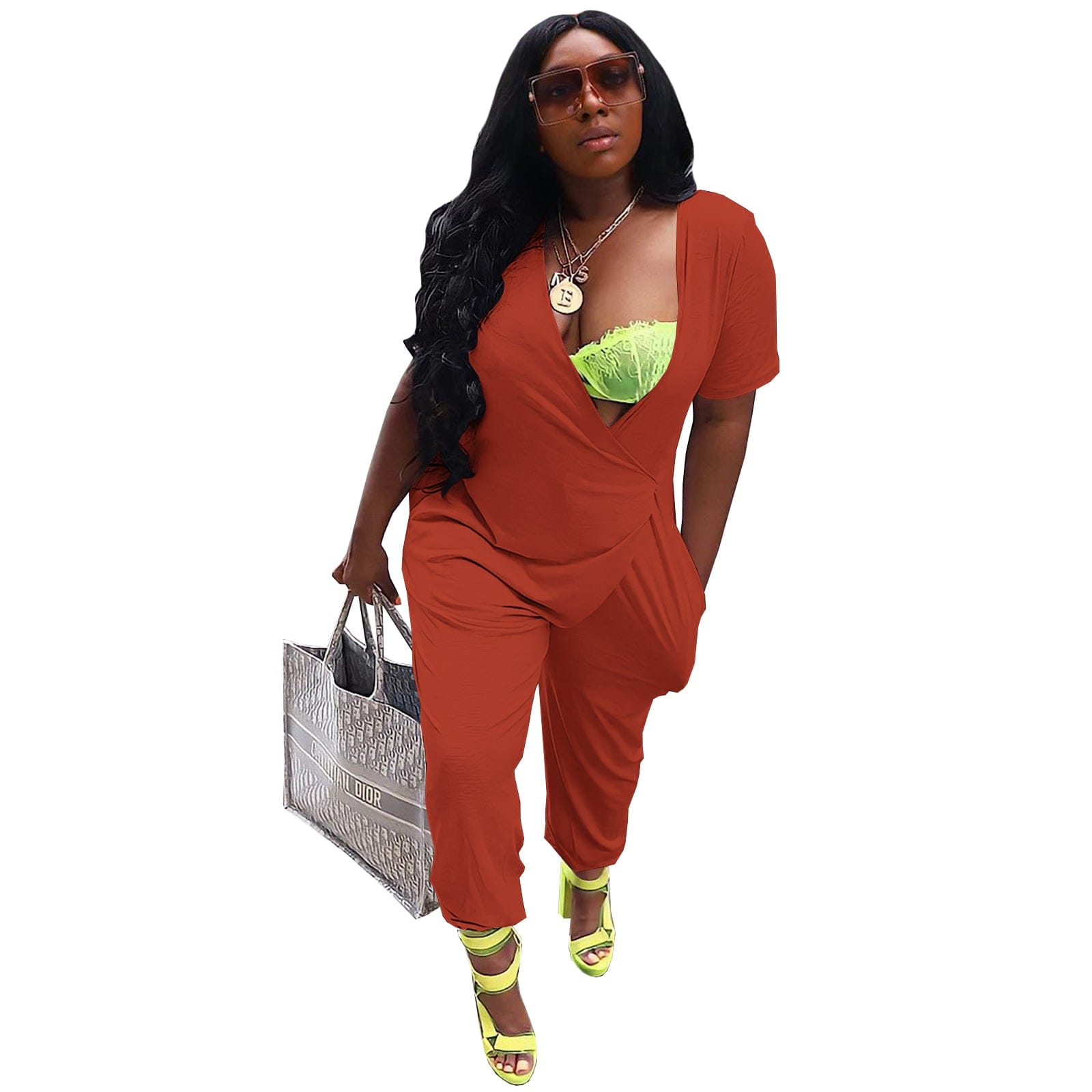 M / Orange Women Fall Fashion 2022 Solid Color Deep V Jumpsuit Office Irregular Women Rompers And Jumpsuit Rompers