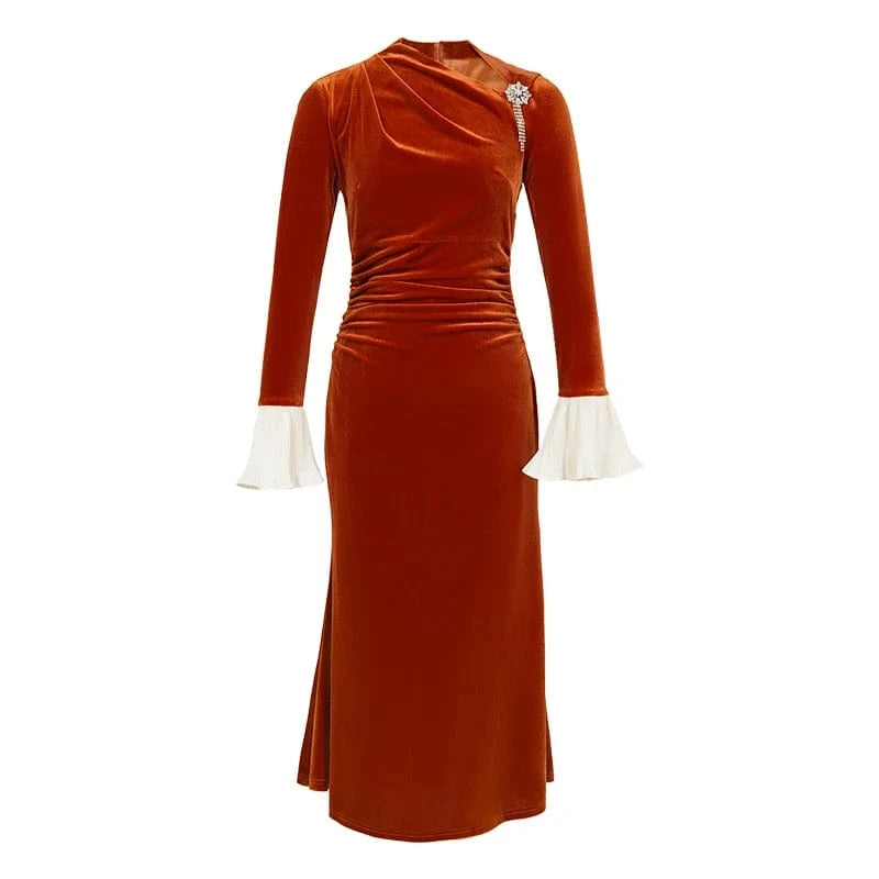 M / Orange ZYHT 70199 Chiffon Bell Sleeve Slim Waist Pleated Flared Long Velvet Dress Asymmetrical Neck Orange Trumpet Dress