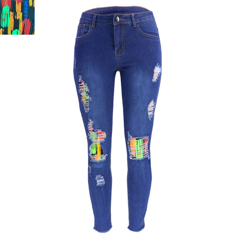 M / Painting -Dark Blue 9136 New fashion spring fall 2023 women clothes casual floral patches ladies denim trousers ripped jeans legging women's jeans