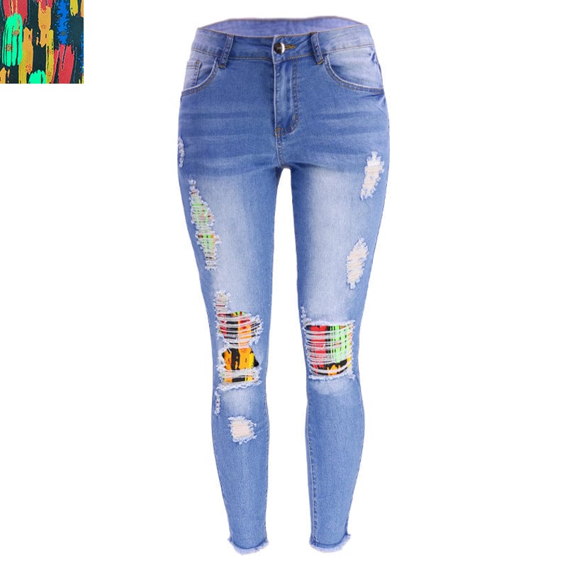 M / Painting -Light Blue 9136 New fashion spring fall 2023 women clothes casual floral patches ladies denim trousers ripped jeans legging women's jeans