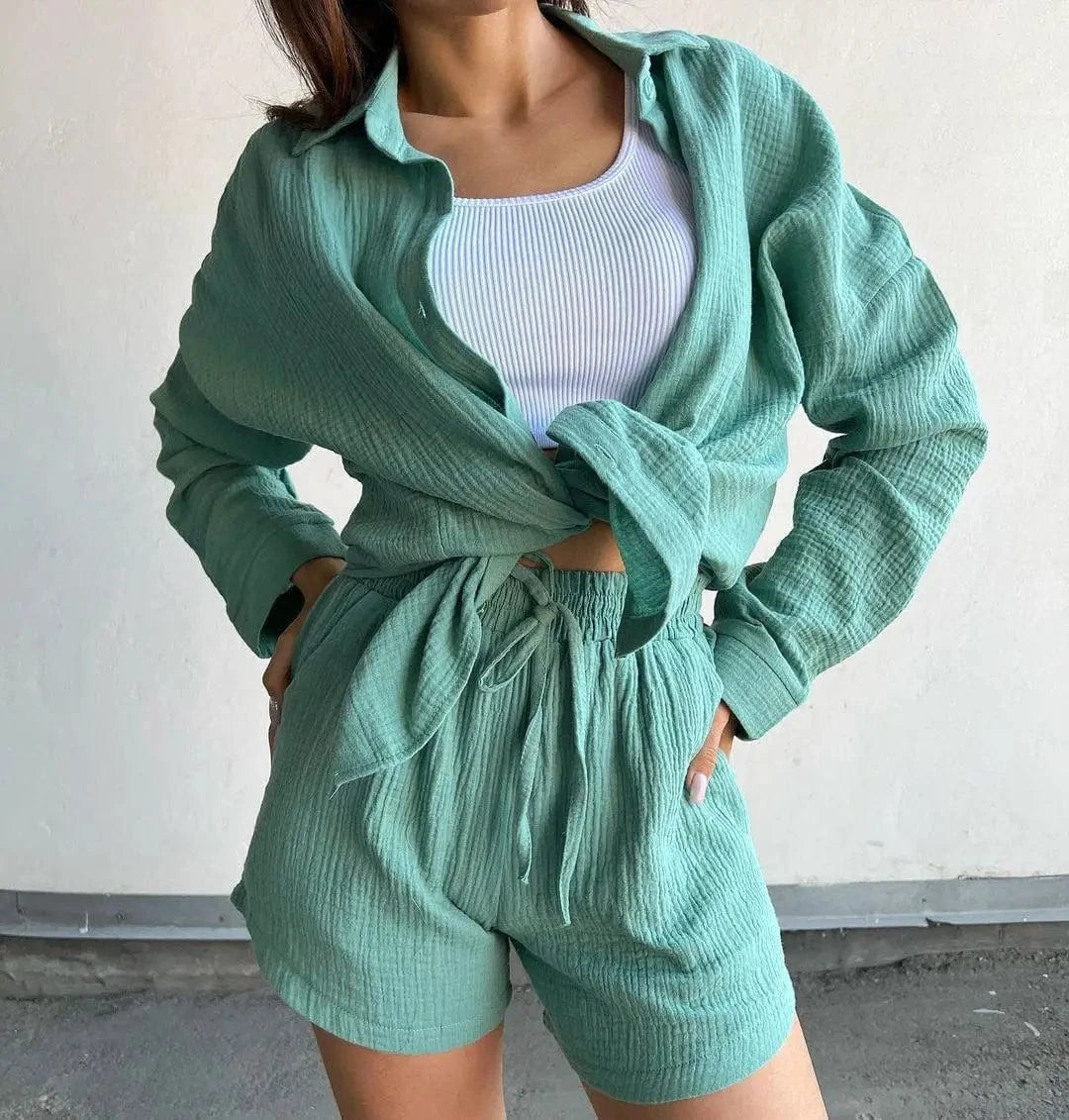 M / pea green S-XL New Long sleeved Commuter Shirt and Shorts Set Flip collar single breasted shirt with tie up shorts