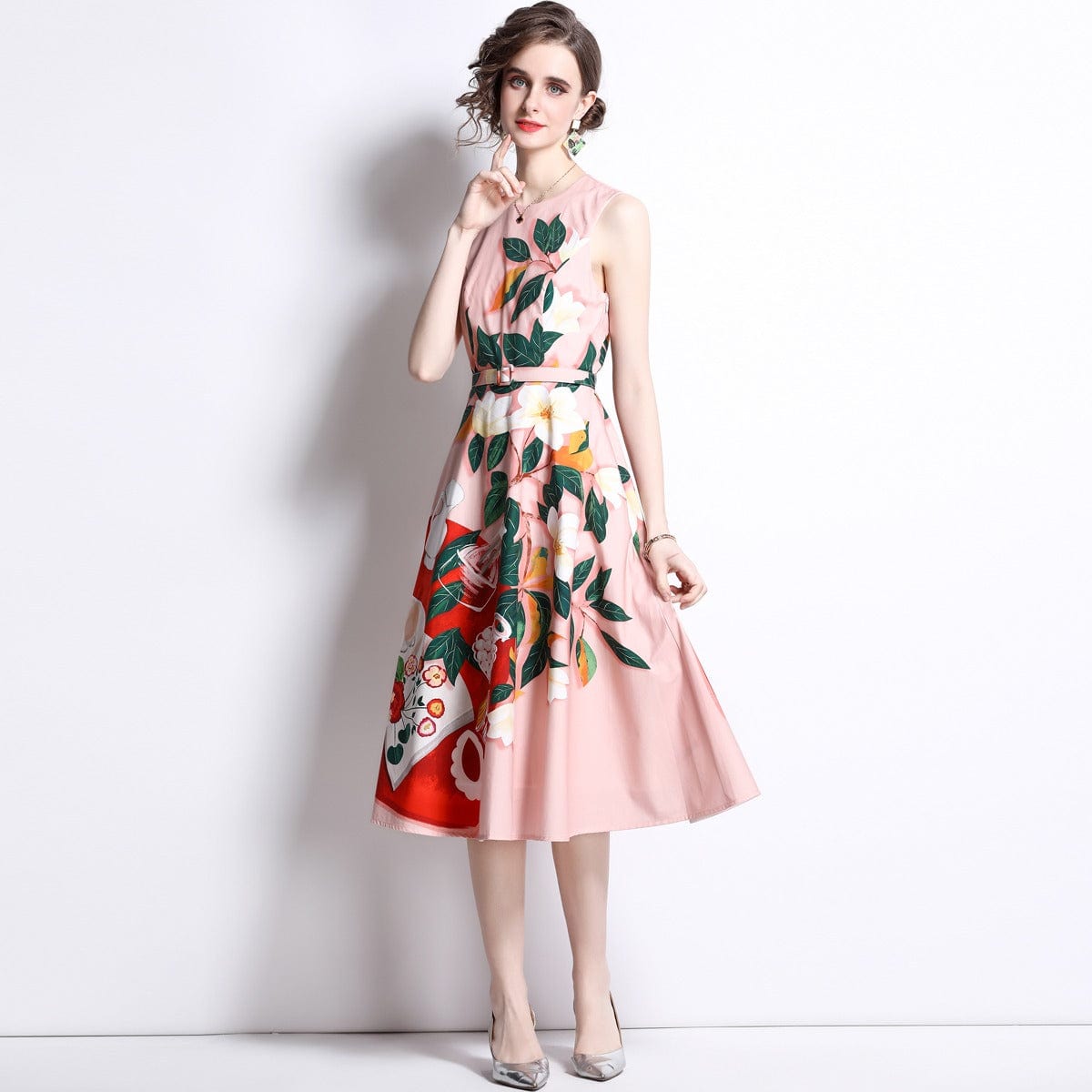 M / Photo Color New classic round neck color-block print waist tie slim sleeveless dress to send belt HL9042068