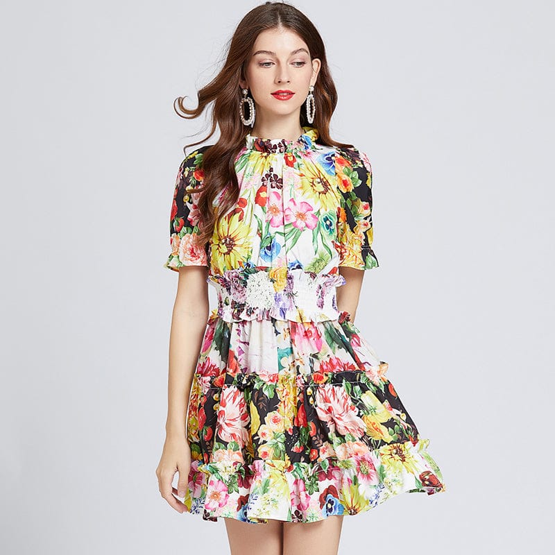 M / Photo Color OS463045 Three-color printing contrast color lotus leaf small high-neck elastic high-waist dress Slim short-sleeved skirt