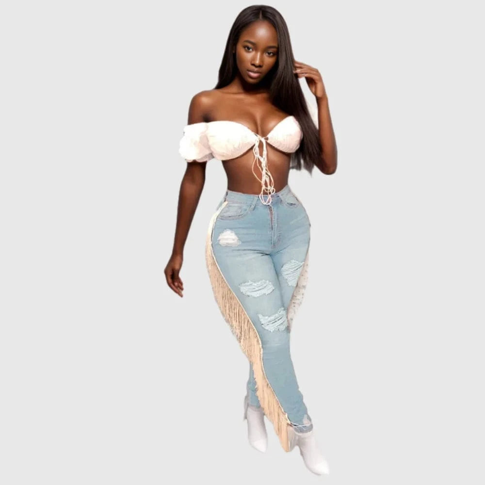 M / pic 2 90821-MX6 new design tassel style denim ripped jeans women 2019