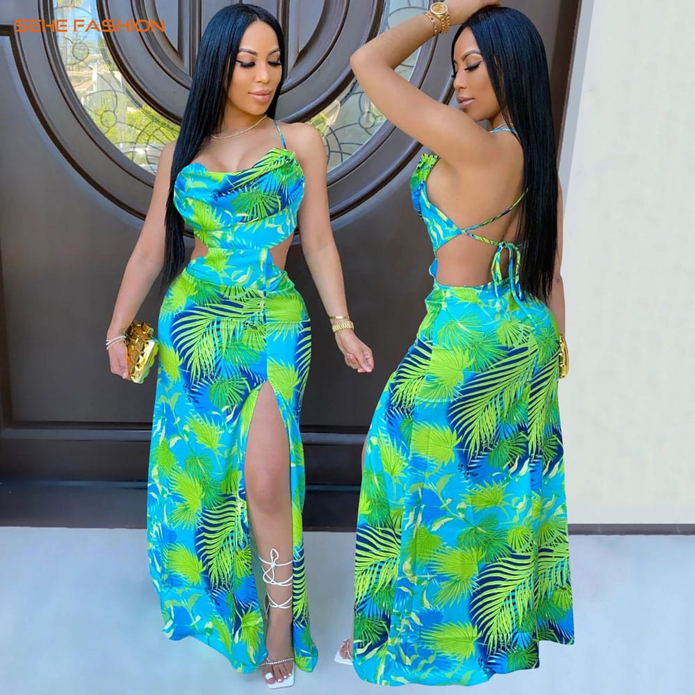M / pic1 20730-MX75  sexy colorful print halter split design ladies dress sehe fashion