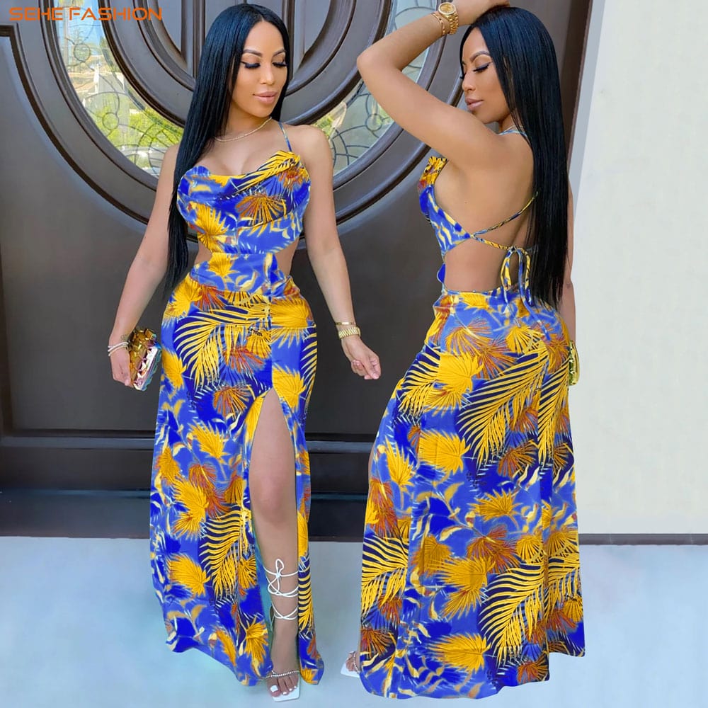 M / pic3 20730-MX75  sexy colorful print halter split design ladies dress sehe fashion