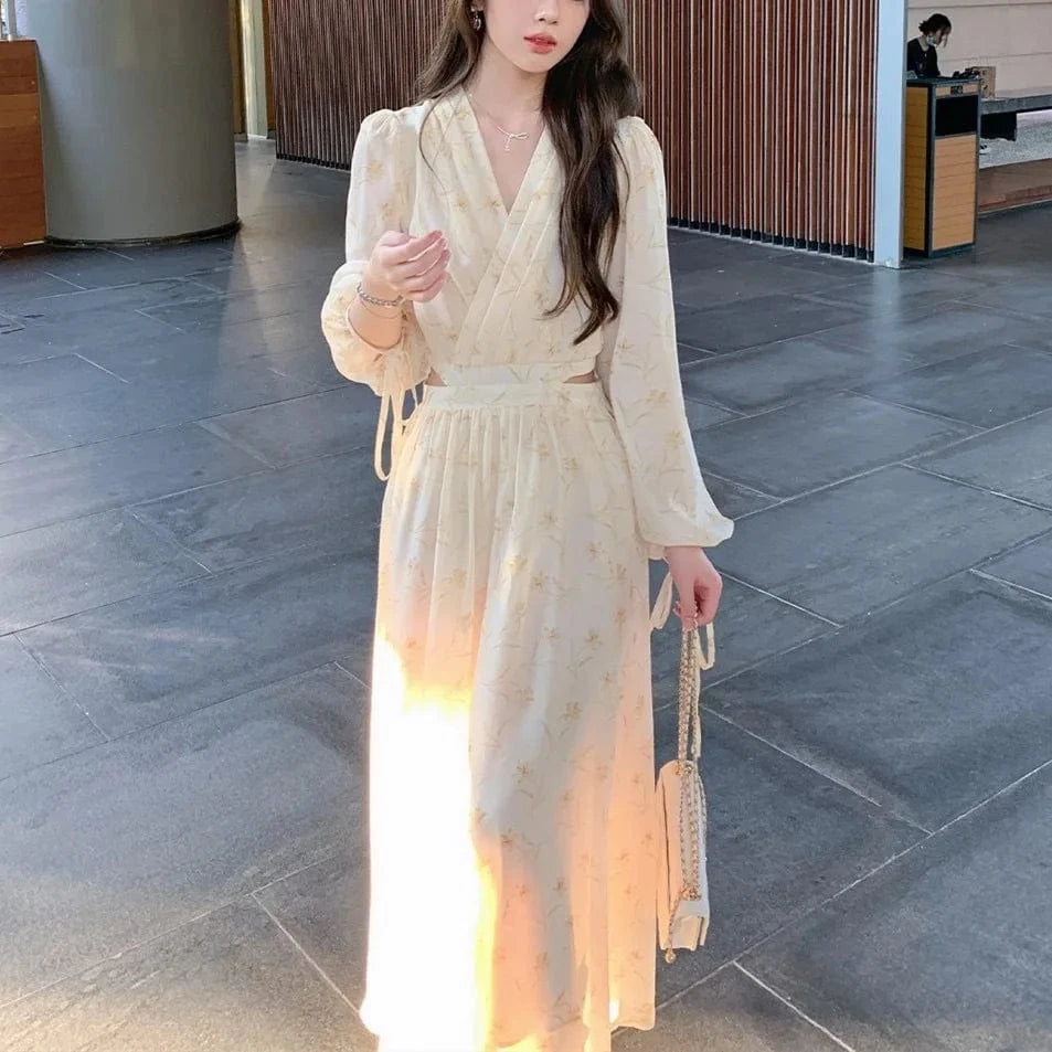 M / picture color 2023 Autumn Temperament Chiffon Fashion Elegant V-neck High Waist Slimming Backless Floral Dress