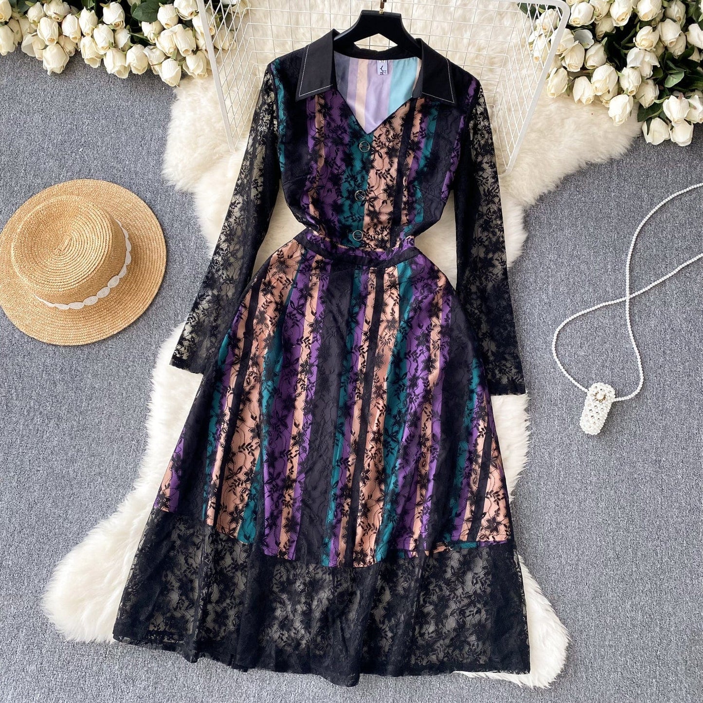 M / Picture color Liu Ming Autumn Winter Wholesale 2024 Trends Women Elegant Lace Mesh Long Sleeve Floral Vintage Dress