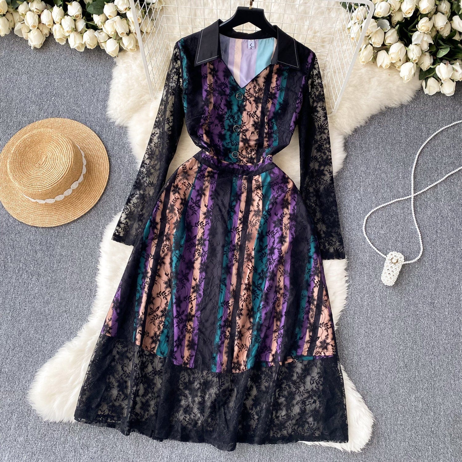 M / Picture color Liu Ming Autumn Winter Wholesale 2024 Trends Women Elegant Lace Mesh Long Sleeve Floral Vintage Dress