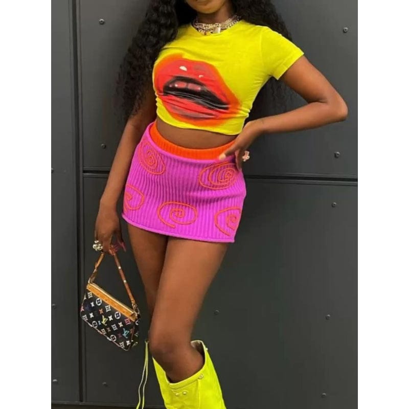 M / picture New Modern Mouth Printed Short Sleeve T-shirt Mini Skirt Suit 2023 Summer New Sexy Women Two Piece Skirt Set