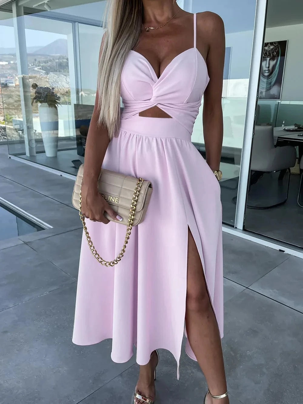 M / Pink 2024 Hot Sale Elegant Dress New Women's Suspender V-neck Large Swing Dress Close-fitting Backless Mid-length Dress