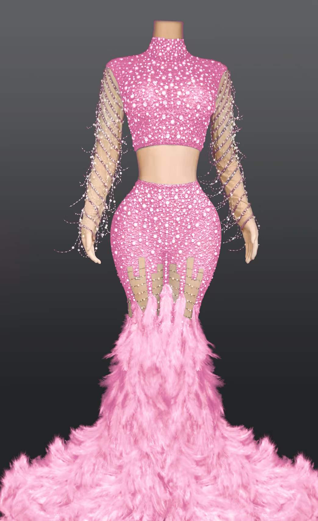 M / Pink AD1153 Sequin Beaded Sleeve Luxury Dress Rhinestone Evening Gown Feather Fishtail Mesh Two Piece Set Women