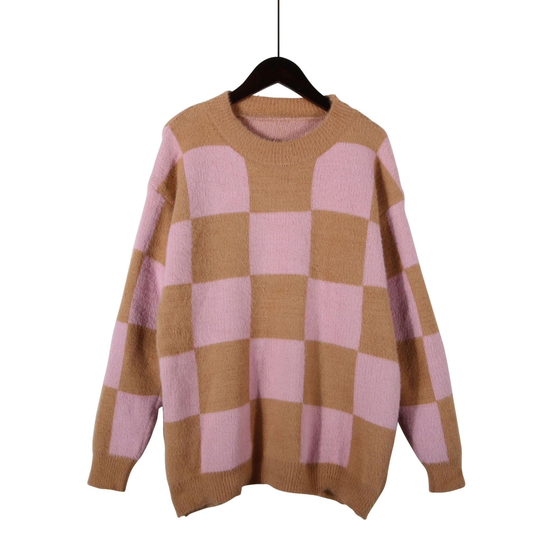 M / Pink Autumn custom plaid patchwork round neck long sleeve loose knit oversized sweater pullover crew neck sweater for ladies