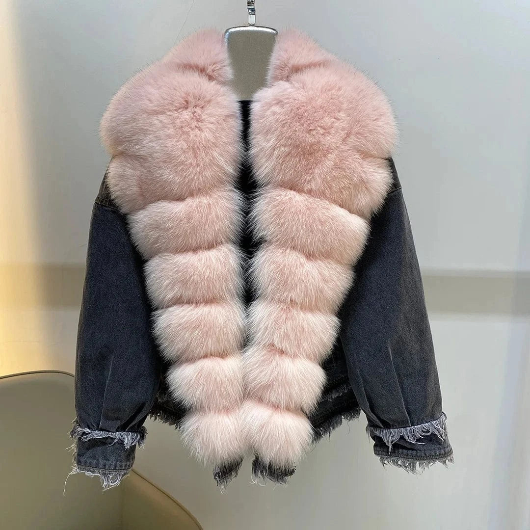 M / Pink-black shell Manufacture Fashion Casual Thick High Quality Goose Down Jacket Collar Fur