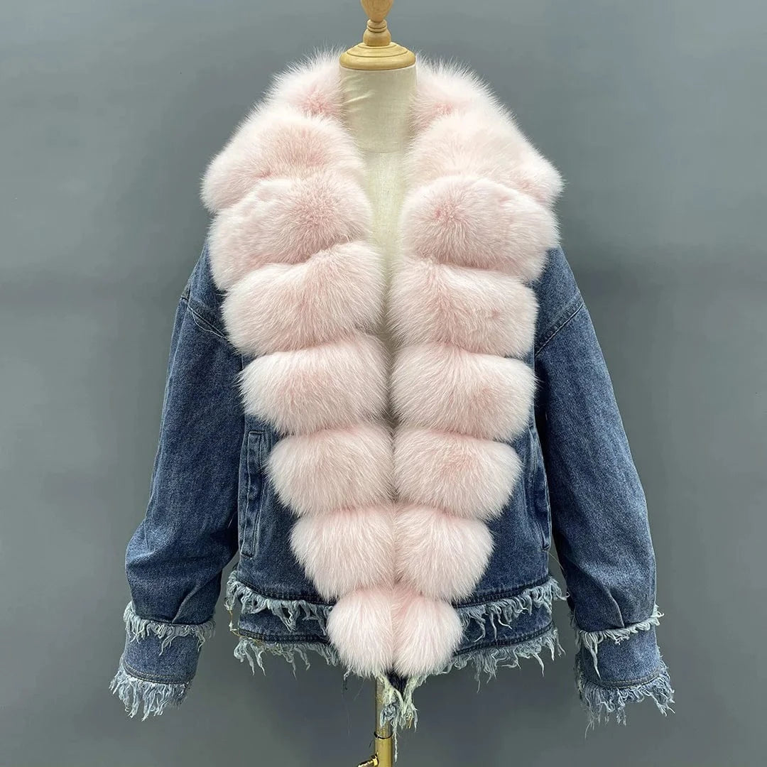 M / Pink-blue shell Manufacture Fashion Casual Thick High Quality Goose Down Jacket Collar Fur