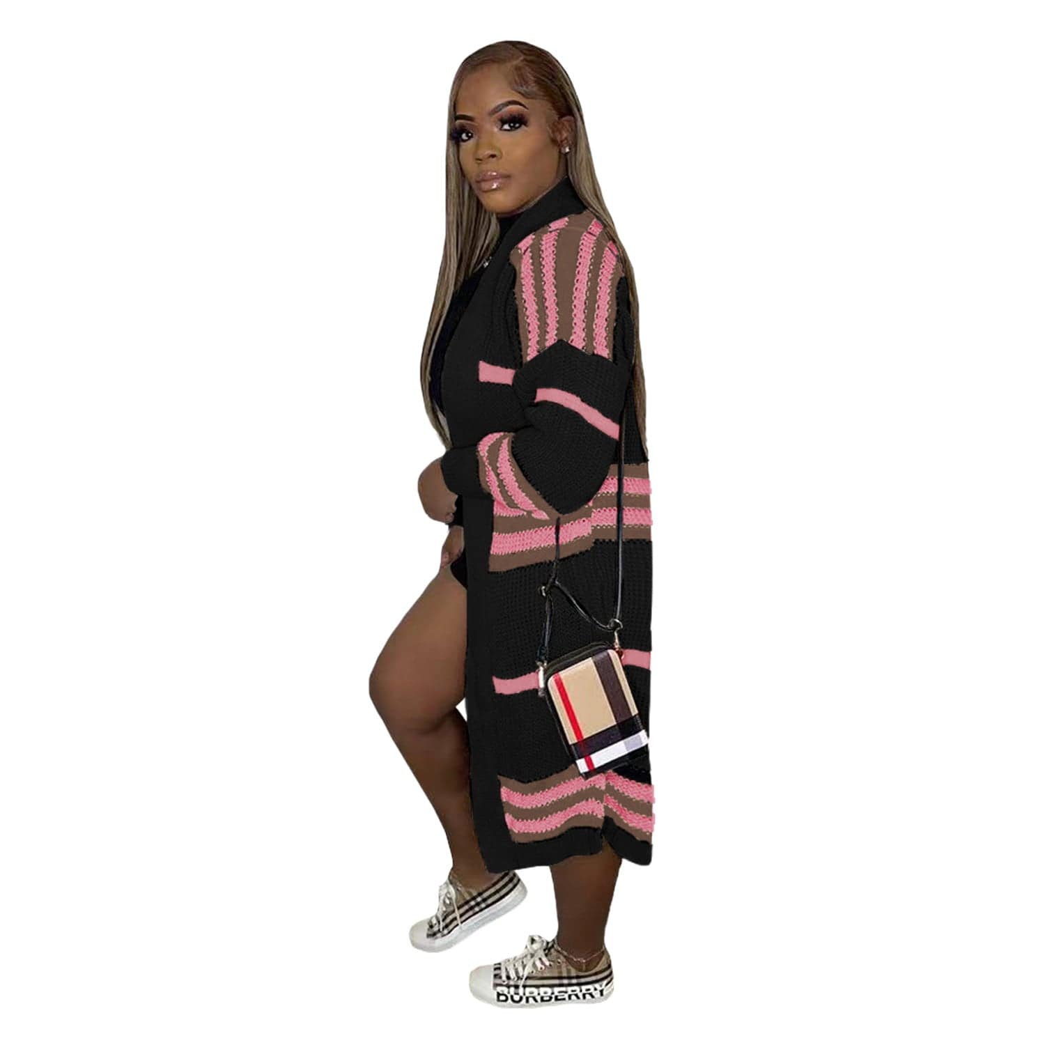 M / Pink C1103TA90 Wholesale Autumn Contrast Color Striped Print Knitted Long Cardigans Women Sehe Fashion