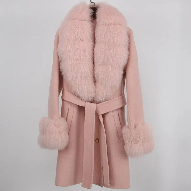 M / Pink Cashmere Coat Women's Mid-Length 2023 Autumn And Winter New Fox Fur Collar Slim-Fit Woolen Coat