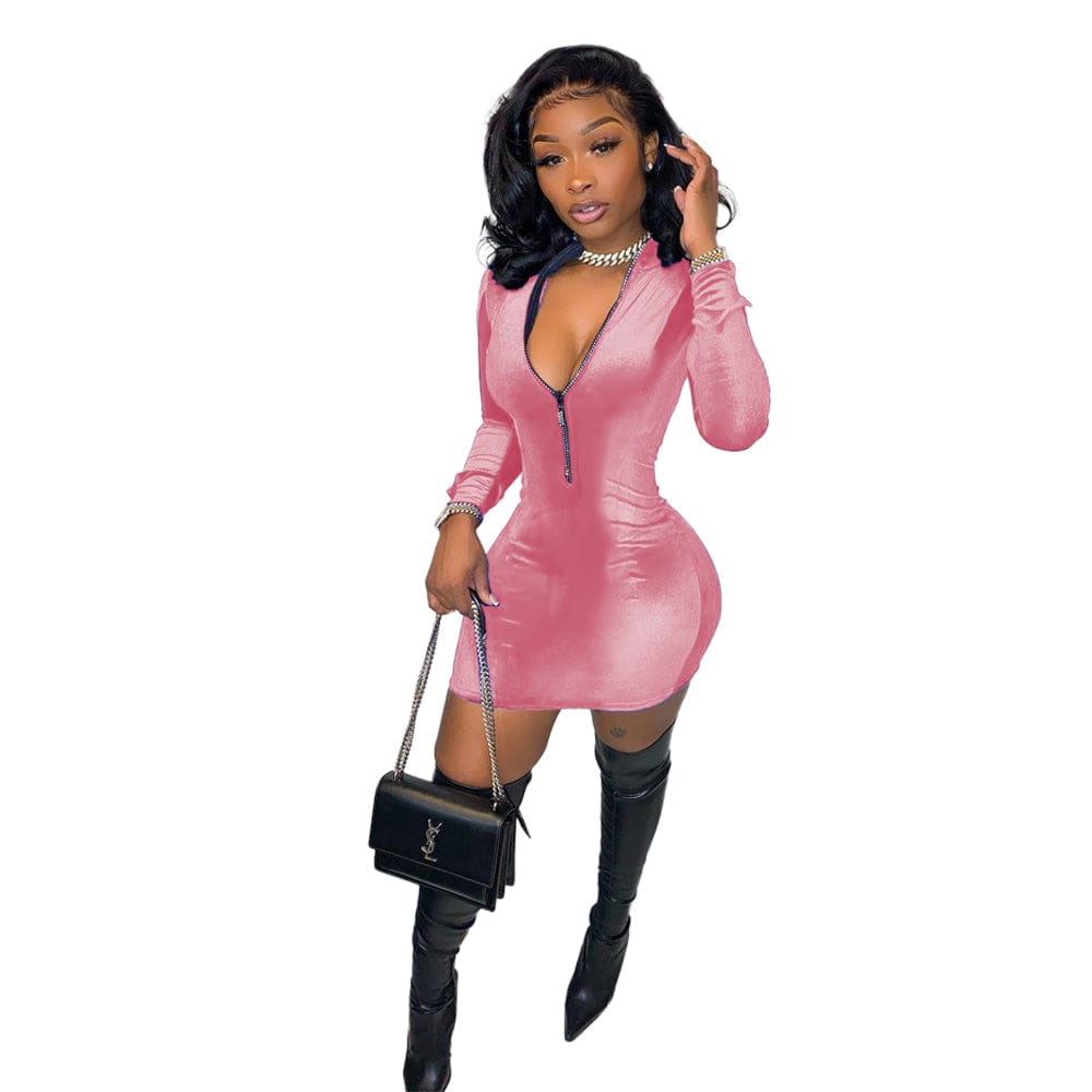 M / Pink Casual Dress Boutique Clothing Women Solid Color Blue Velvet Zipper Fashion Mini Dress