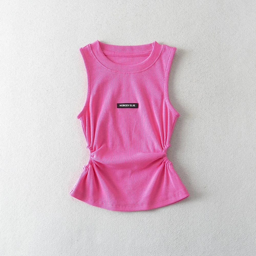 M / Pink Casual Style Rubber tag Sleeveless Crew Neck Ruched Basic Tank Top Tight Waist Shirt Women's Tank Top