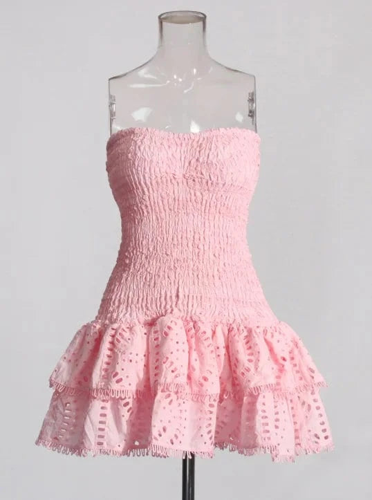 M / Pink CHICEVER Elegant Dresses Casual Strapless Sleeveless High Waist Spliced Ruffles Hem Women Cotton Mini Summer Dress Woven Simple