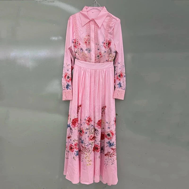 M / Pink CHICEVER Lapel Long Sleeve Shirt High Waist A Line Women Casual Suits Cotton Two Pieces Set