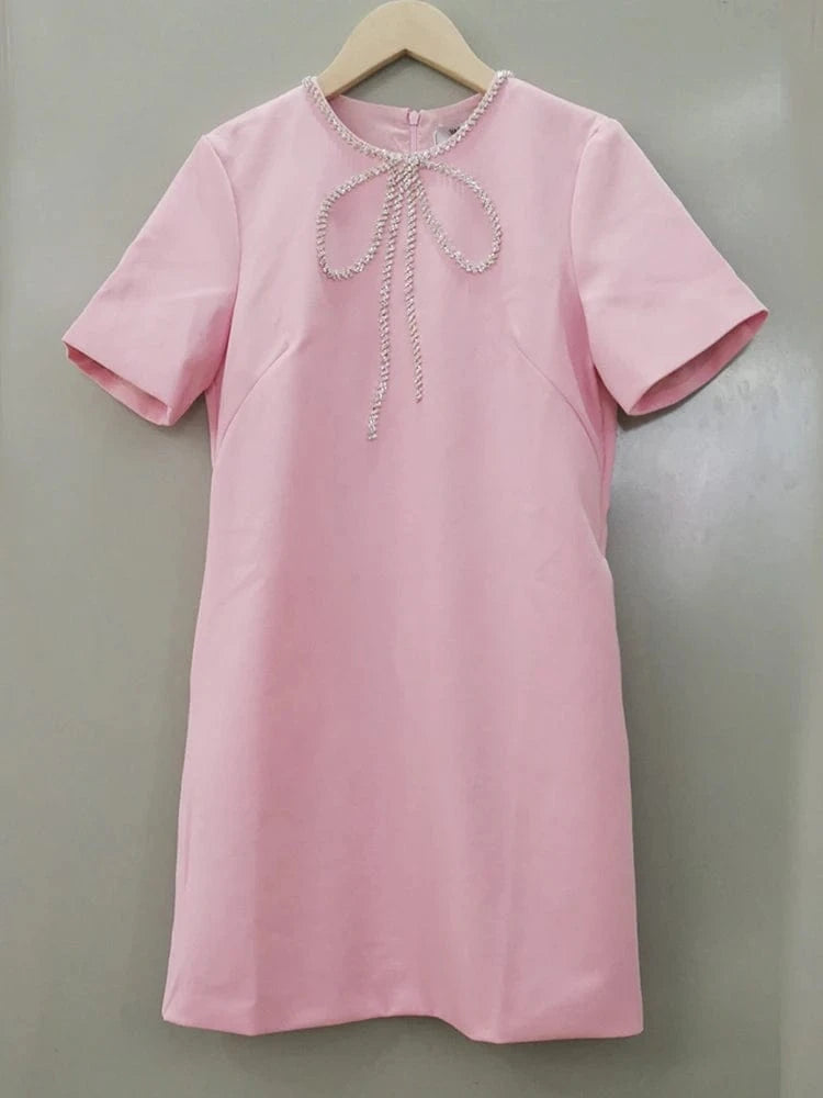 M / Pink CHICEVER Round Neck Short Sleeve High Waist Patchwork Diamonds Casual Dresses Elegant Woman Dress