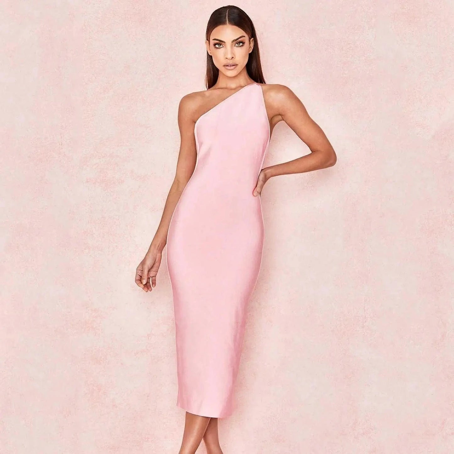 M / Pink D8654 Hot Sale 4 Colors Sexy one-shoulder sling backless tight bodycon bandage dress for women