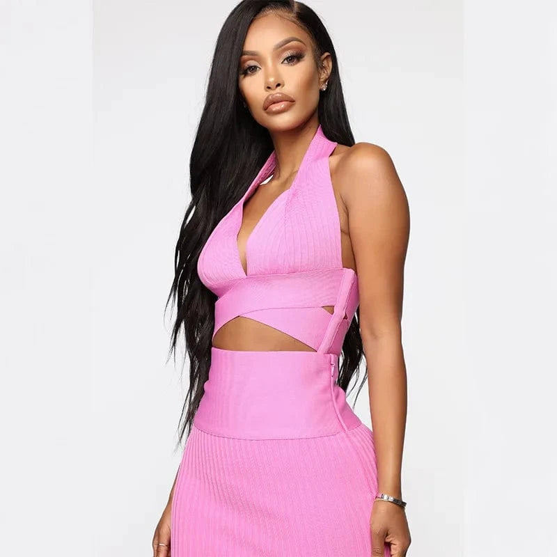 M / Pink D8689#Summer Sexy Hanging Bandage  with Backless Vest and Neck  Two-piece set for women