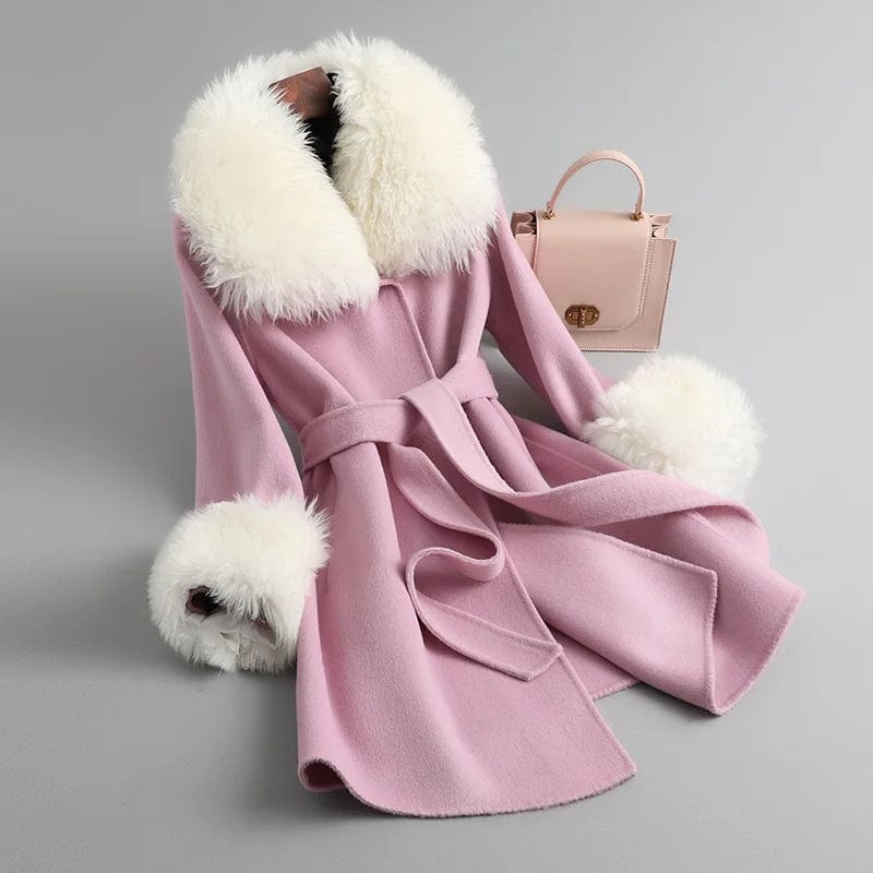 M / Pink Elegant Ladies Belted Cashmere Coat Turn Down Collar Handmade Wool Coats With Fur