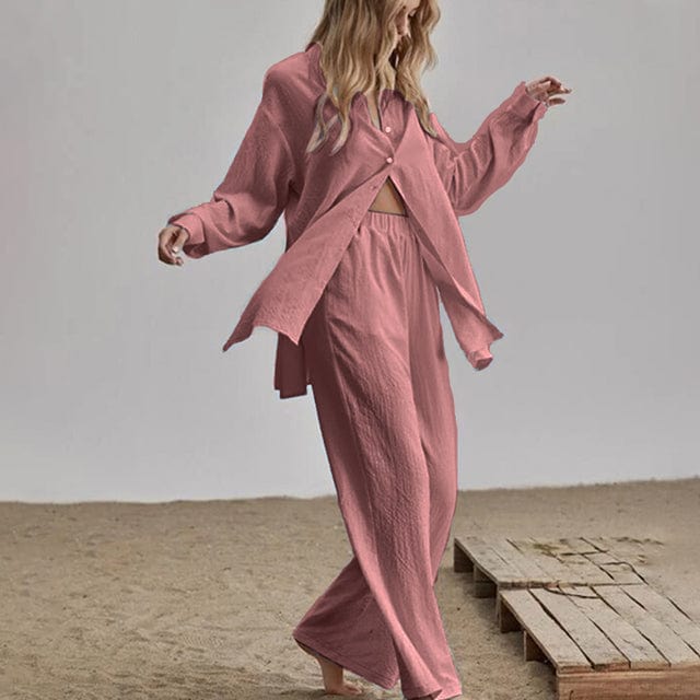 M / Pink Elegant Loose Women Shirt Trouser Suits Long Sleeve Lapel Shirts And Elastic High waist Pants 2 Pieces Set Fashion Office Outfit