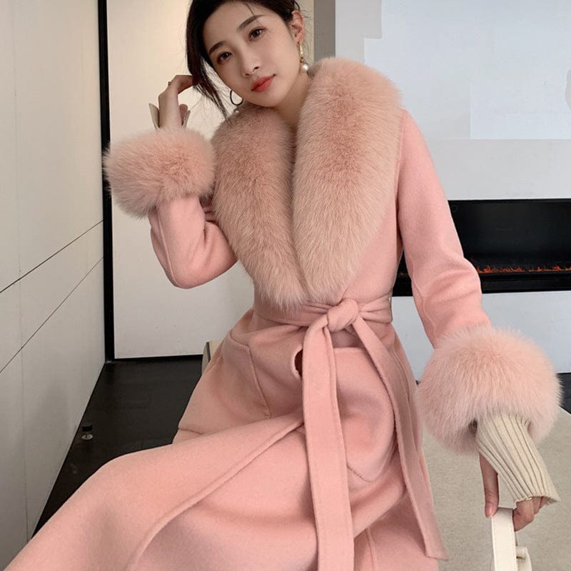 M / Pink Elegant Style Real Fox Fur Collar Cuffs Women's Winter Long Coats Double Face Wool Cashmere Coat