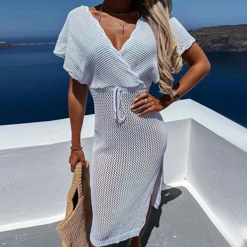 M / Pink Fashion Women Sexy Flounce Sleeve Dresses Hollow Out Knit Crochet Cover Up BeachBikini 2023