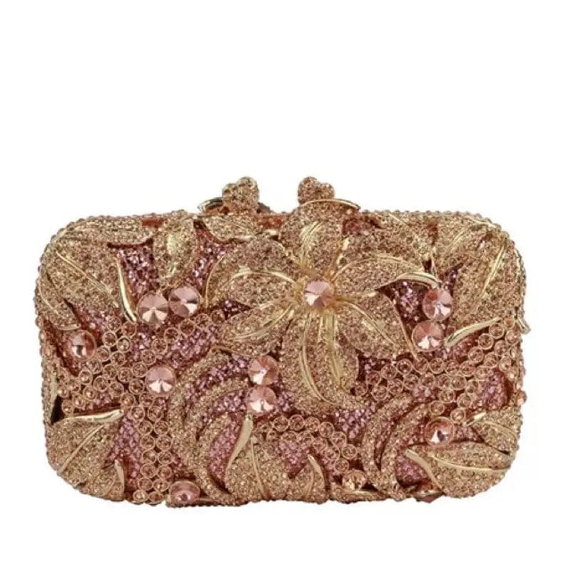 M / Pink Flower Luxury Evening Bling Purses Handbag Floral Crystal Clutch Purse Rhinestone Handmade Ladies Diamond Bag